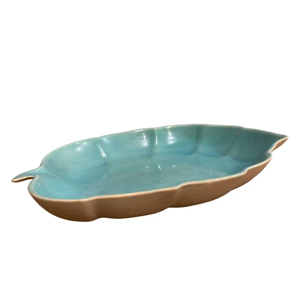 Vintage Ceramic Large Leaf with Stem Green Cream Platter Bowl Serving Dish